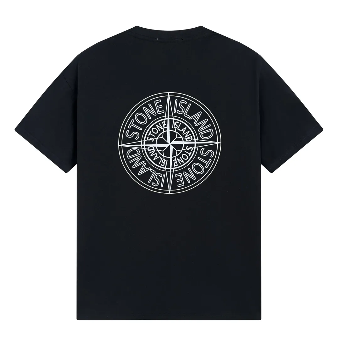 W609#P110💰 Stone Island compass big logo on the back logo printed short-sleeved men's and women's loose casual T-shirt Made of 260g combed cotton 32-count double yarn, double thread and two needles to press the thread, no deformation after long-term washing, imported 3D printing, no fading, no cracking, genuine pattern making, double tag wash, original packaging, color: black - white, size M - XXL